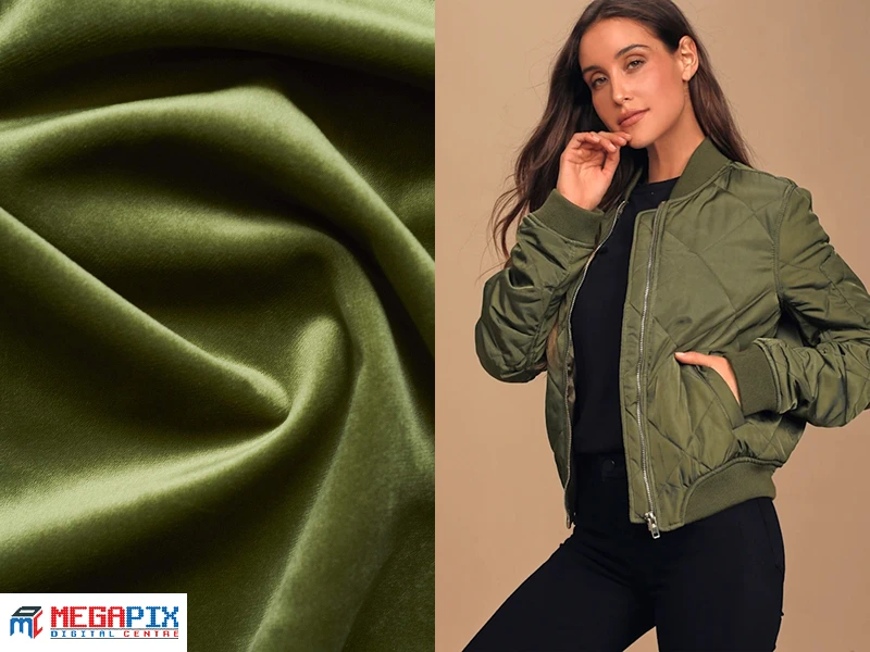 kain olive green beserta contoh penggunaannya di jaket wanita