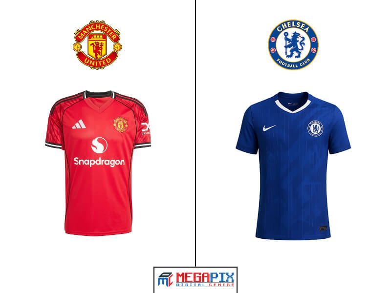 contoh jersey tim sepakbola yang memperhatikan identitas tim (Manchester United dan Chelsea)