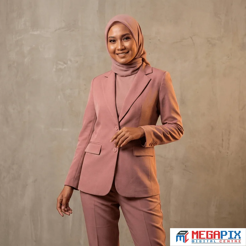 model dengan warna kulit sawo matang mengenakan baju warna dusty pink