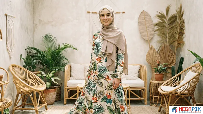 contoh gamis motif tropikal