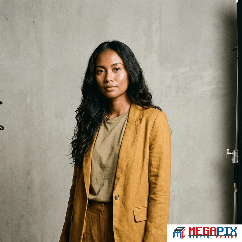 model dengan warna kulit sawo matang mengenakan baju warna mustard